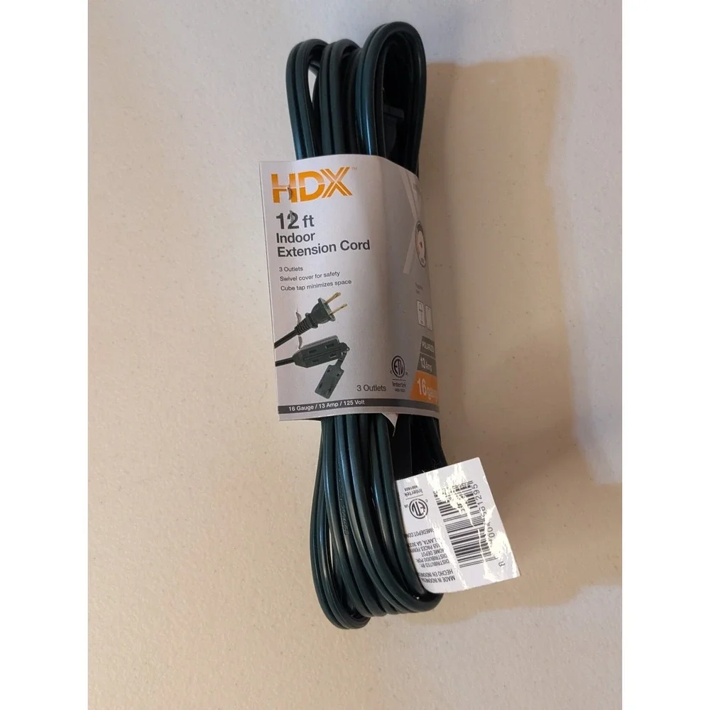 HDX Indoor Extension Cord 12 ft‎ 16-Gauge 13A Green 3-Outlet Cube Tap New Sealed